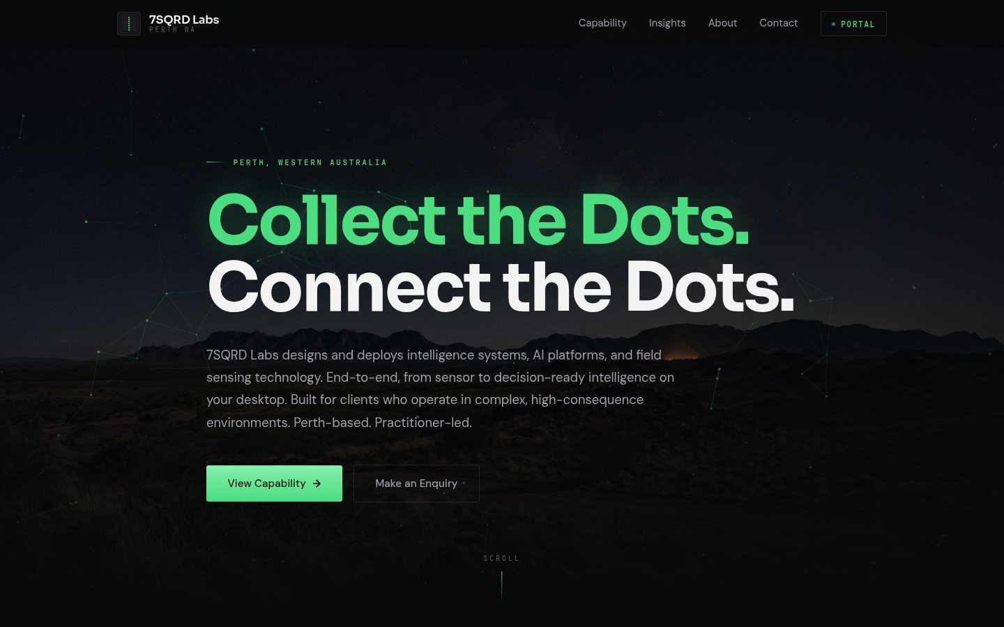 7SQRD Labs, dark site with CRT-green accent, constellation hero, Sora display type