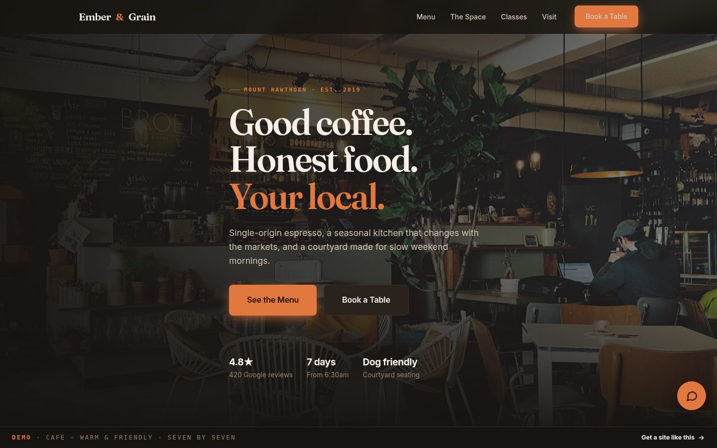Ember & Grain cafe demo, warm terracotta theme with serif headlines and real photography